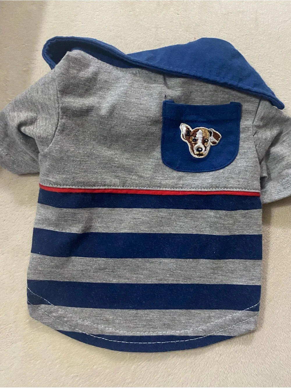 Ellen Degeneres Gray & Navy Striped Dog Top with Red Trim